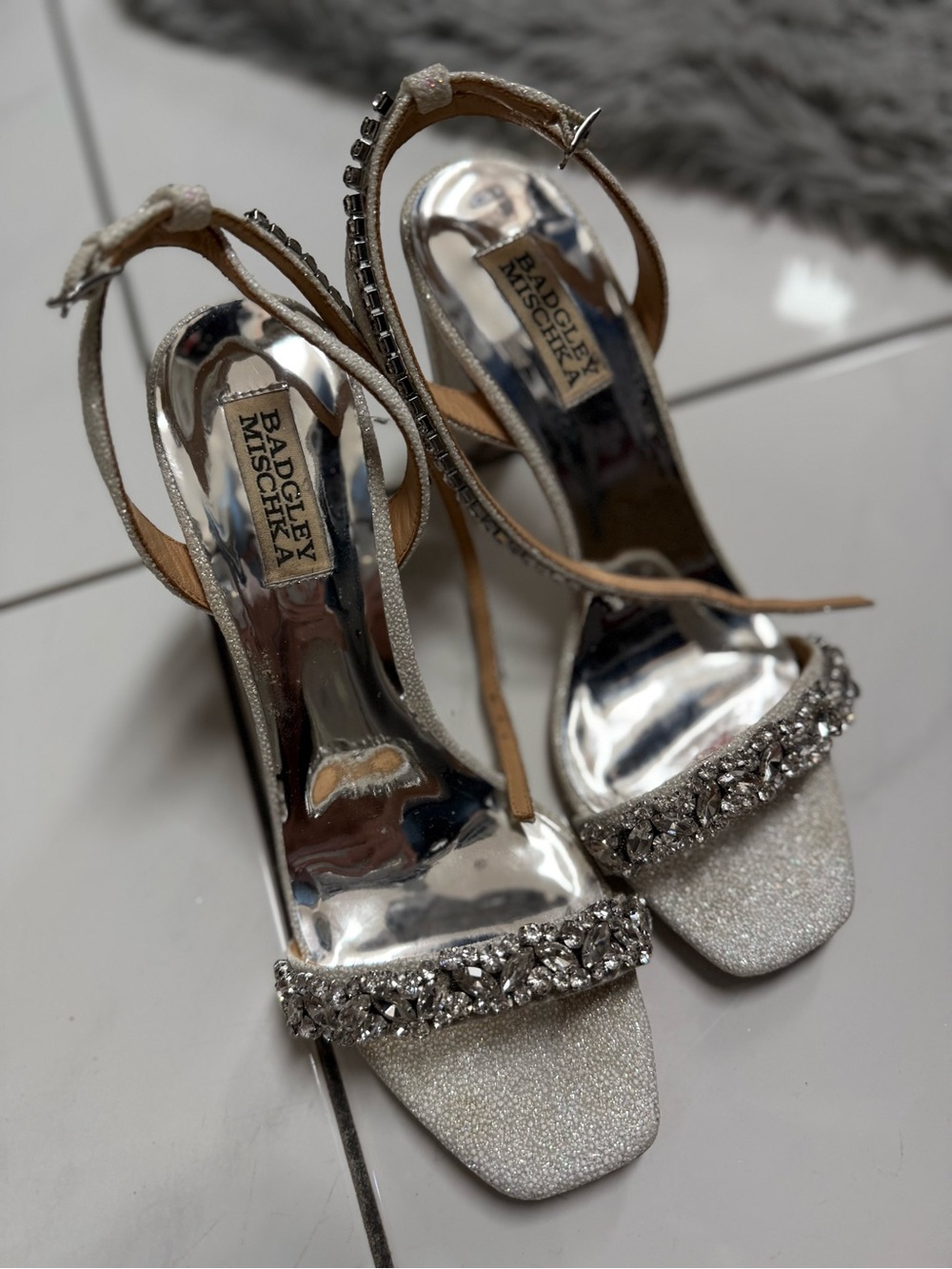 Badgley Mischka Silver Glitter Jeweled Slingback Heels
